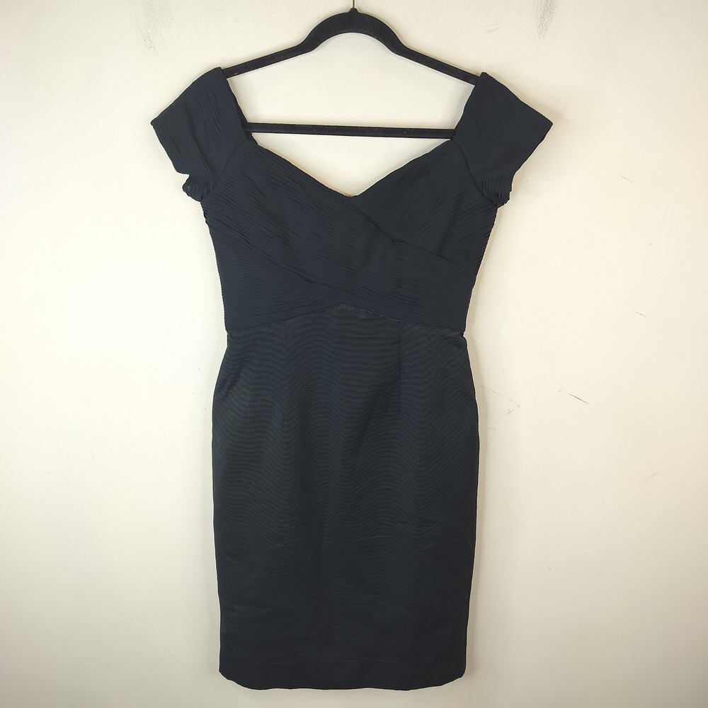 REISS Sheath Dress 6 Womens Pleated Off Shoulder Sweetheart Neck Cocktail Black